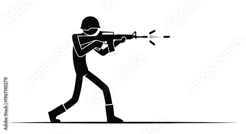 Silhouette of a soldier firing an automatic weapon with muzzle flash