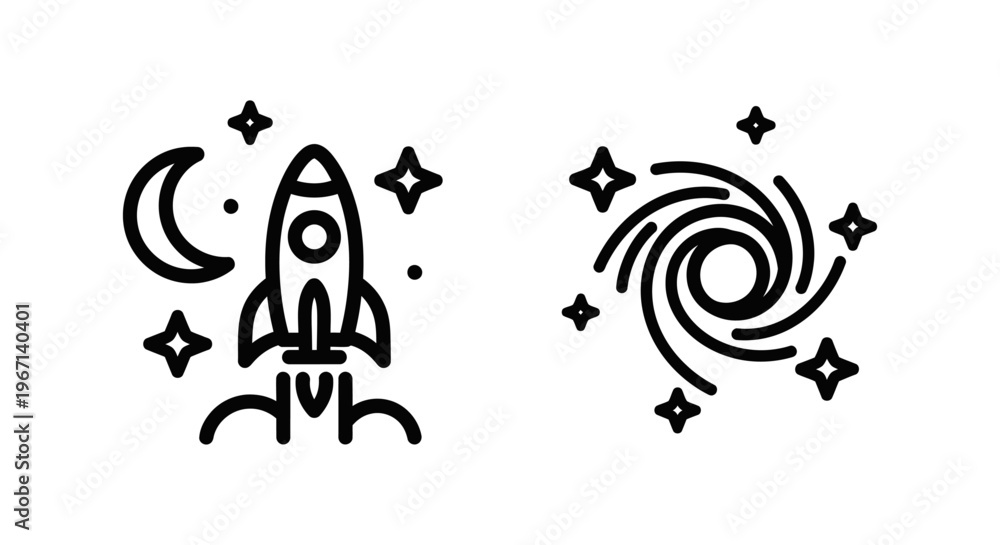 Fototapeta premium Space exploration icons: rocket launch and galaxy