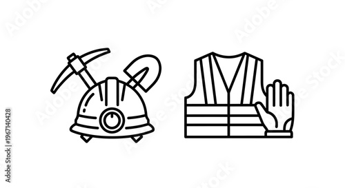 Miner's helmet with pickaxe and shovel, safety vest and glove icon, hi vis, high visibility