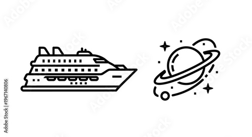 Cruise ship and planet with rings outline icons