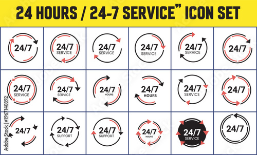 Collection of diverse round icons symbolizing continuous business availability and constant customer support