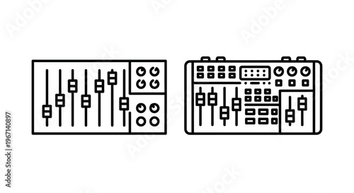 Audio mixer and soundboard console music production line icons