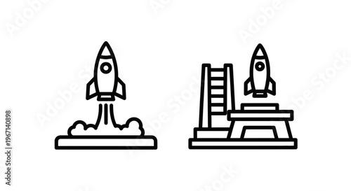 Rocket launch and spacecraft on launchpad line icons