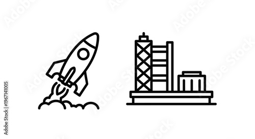 Rocket launch and launch pad line icons