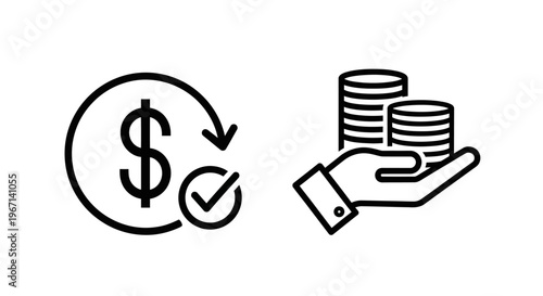 Money transaction and coin stacking icons
