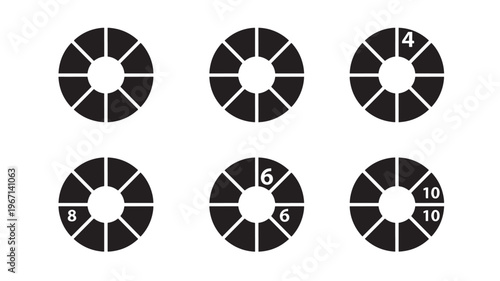 Pie charts with segmented sections and numerical labels representing data division and quantity for visual analysis