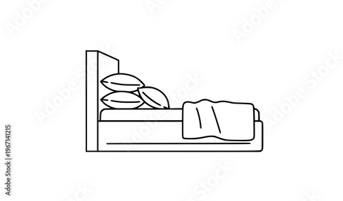 Side view bed icon with pillows and blanket black outline vector illustration