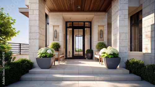 Modern stone entrance with planters and bench seating