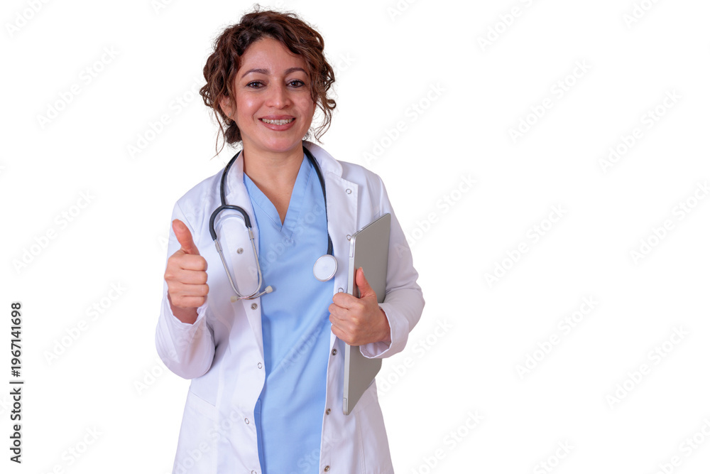 Fototapeta premium Female doctor giving thumbs up gesture, smiling, wearing lab coat, holding tablet, showing success in healthcare