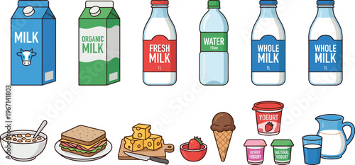 Vector Illustration of Dairy Products Including Milk Yogurt Cheese Ice Cream and Beverages for Food and Breakfast Themes