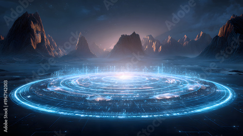 Futuristic digital landscape with holographic elements features glowing circular interface set against backdrop of jagged mountains under starry sky, evoking sense of wonder