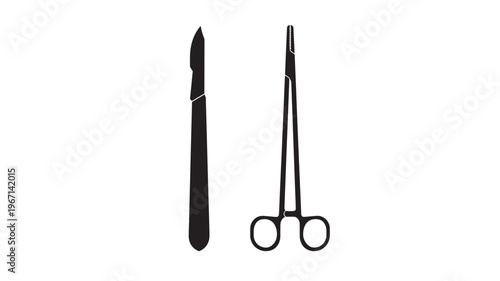 Scalpel and hemostat surgical instruments silhouette against a white background for medical illustrations