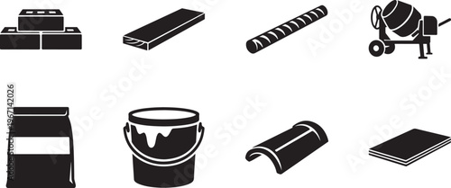 Building materials web icon showing tools bricks and construction elements for digital use.