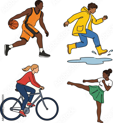 Diverse People Active Lifestyle Illustration Set Featuring Basketball Player Bicyclist Martial Arts Kick and Child Jumping in Rain