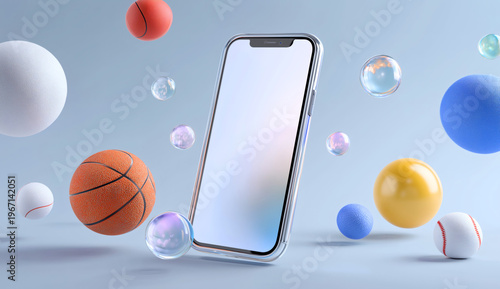 3D Smartphone Mockup with Floating Sports Balls and Bubbles on Light Blue Background
