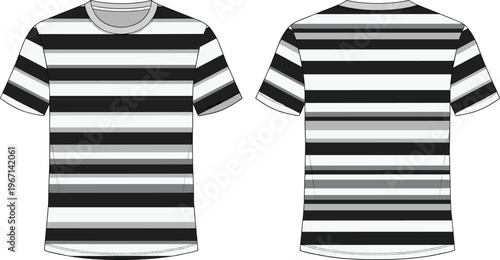 Striped T‑shirt front and back view, fashion clothing illustration, black white gray horizontal pattern apparel design reference – flavector