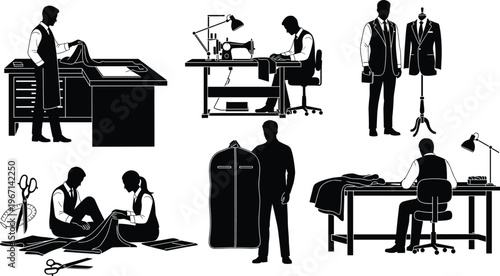 Tailoring process silhouettes illustration, bespoke garment creation, sewing cutting fitting, craftsmanship details, fashion design vector artwork – flavector