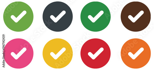 Eight colorful circular checkmark icons for approval and confirmation, modern vector illustrations representing completed tasks, accepted items, and verified status, ideal for productivity tools, form