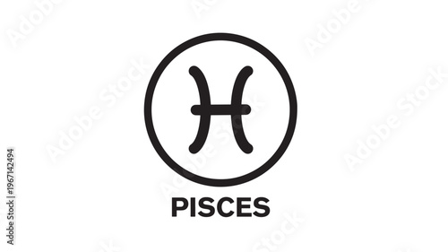 Pisces zodiac sign symbol with a thick black outline and accompanying text below on a white background.