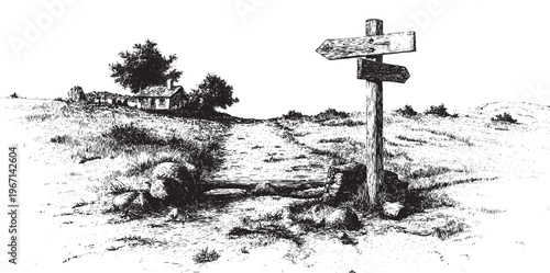  A vector illustration of a wooden trail sign. Two arrows pointing in opposite directions, with the silhouette of a walking path.