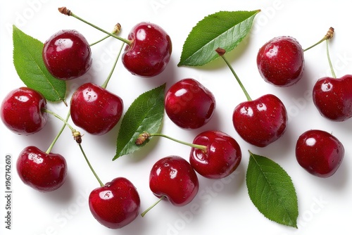 Top-down shot of fresh sour cherries with leaves on a clean white background