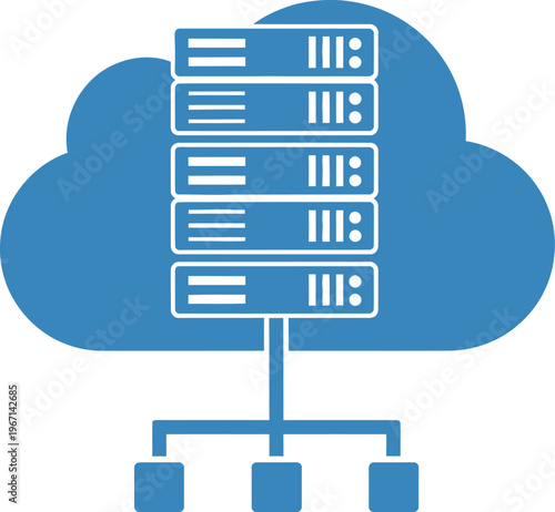 Blue cloud graphic contains stacked server racks connected to smaller nodes representing data storage and processing.