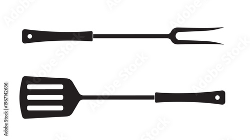 Barbecue tools set with a spatula and fork, presented in a clean black silhouette on a white background.
