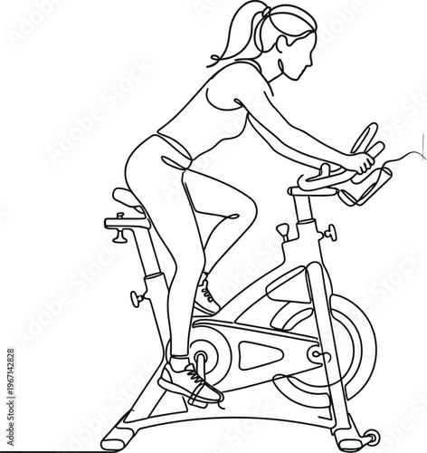 Minimalist Continuous Line Drawing of Woman on Stationary Exercise Bike, Home Workout Fitness Vector Illustration, One Line Art Concept for Indoor Cycling and Healthy Lifestyle Branding