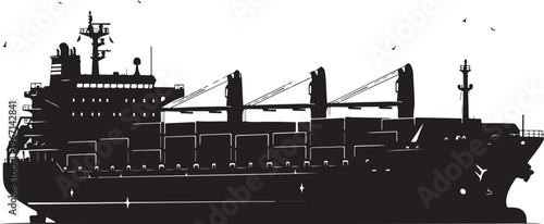Black silhouette of a cargo ship with cranes and birds