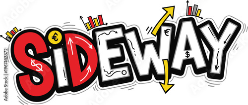 Sideway Market Typography with Consolidation Chart Icons; Creative Vector Illustration for Cryptocurrency Trading, Stock Market Analysis, and Financial Neutral Trends