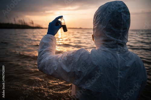 Researcher in protective suit examines water sample with precision at sunset, reflecting importance of earth ecosystems