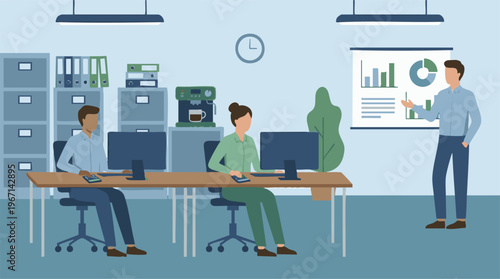 Business team working and presenting data in a modern office setting