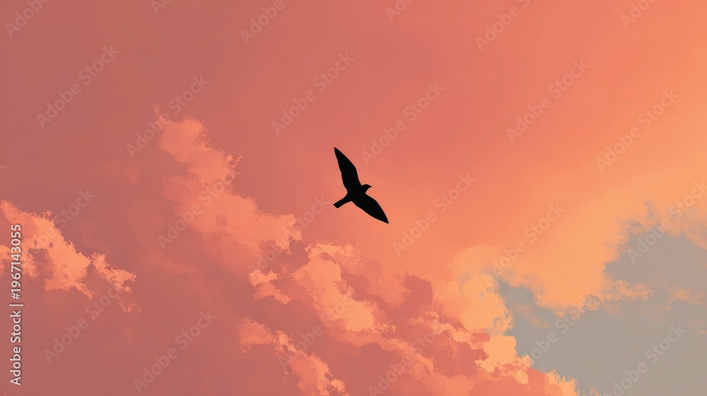 Fototapeta premium Single Bird in Flight Against a Warm Horizon Gradient