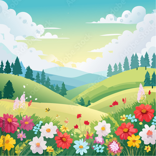 Lebendige Frühlingsszene mit Blumen und Wiesen auf sanften Hügeln