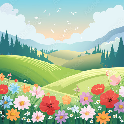Lebendige Frühlingsszene mit Blumen und Wiesen auf sanften Hügeln