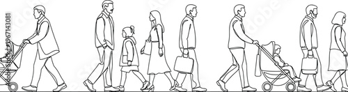 Walking people line drawing, family silhouettes, adults children strollers, everyday life street scene, fashion accessory illustration reference – flavector