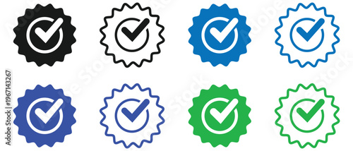 Verified badges. Social media and Profile Verified badge icon. Verified Quality, Approval, Certification, Approved, Accept badge icon.Green tick, blue tick and black tick. Vector illustration.