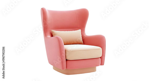 Modern Coral Wingback Armchair with Peach Accent Pillow