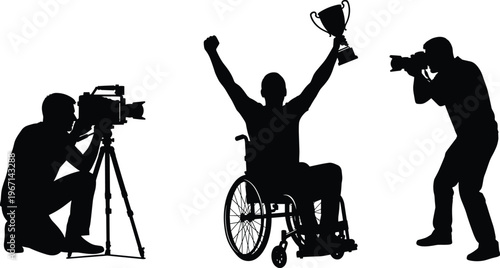 Wheelchair athlete celebrating victory with trophy while photographers capture moment, disability sport achievement, media coverage and inspirational success