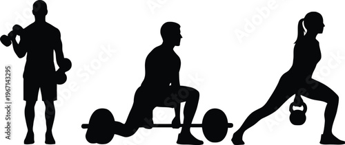 Fitness Silhouette Set with Men and Women Lifting Weights, Strength Training Icons for Gym Branding, Kettlebell and Barbell Workout Vectors, Athletic People Exercising Isolated on White Background