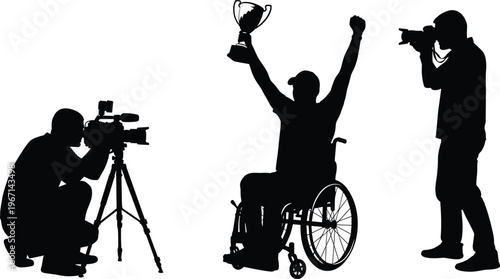 Wheelchair athlete celebrating victory with trophy while photographers capture moment, disability sport achievement, media coverage and inspirational success concept