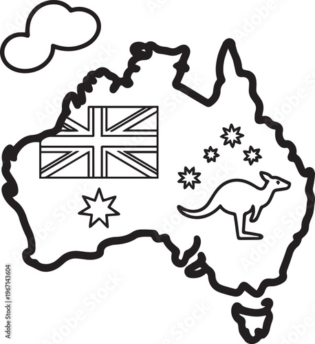 Map of Australia with flag, kangaroo and stars, outline illustration, national symbols