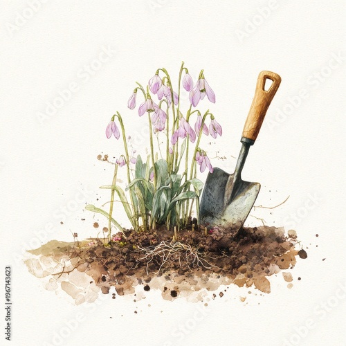 Pastel garden bed in watercolor: purple snowdrops and earthy soil with a hand tool