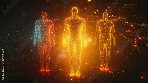 Three glowing human figures, composed of interconnected light particles, stand on a dark reflective surface