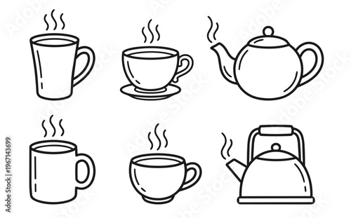 Hot Drinks Icon Set Coffee Mug Tea Cup Kettle Hand Drawn Doodle Line Art isolated on White