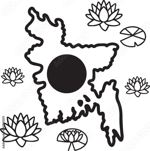 Outline map of Bangladesh with national flower lotus and red sun symbol, simple drawing