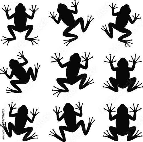 PrintFrog silhouettes, animal icons, crouching pose, leaping design, amphibian figure, wildlife symbol, nature illustration, reptile pattern, biodiversity graphic, vector