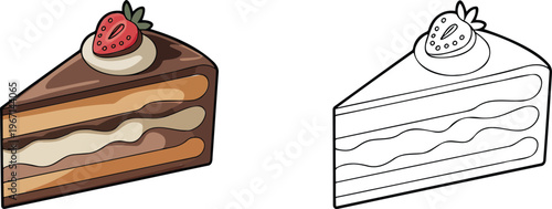 Chocolate cake illustration & outline set isolated on transparent background  