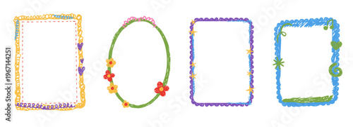 Kid frame crayon box, textured whimsical wax pen border set. Playful frames for kids kindergarten, preschool, school designs, text areas and creative layouts.