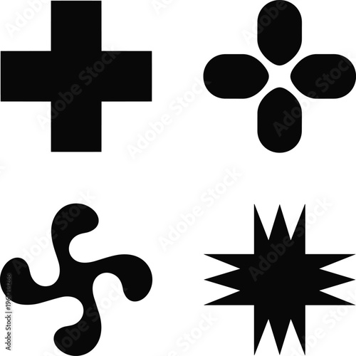 PrintGeometric silhouettes, abstract icons, cross shape, clover flower, swirling form, starburst design, symmetry pattern, decorative figure, vector illustration, graphic